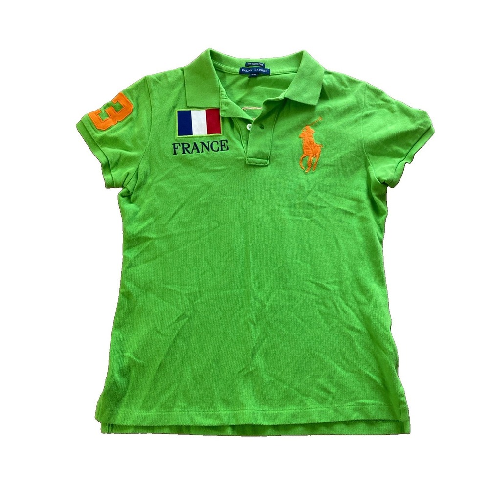 VTG POLO RALPH LAUREN Skinny Polo Women's M BIG PONY RUGBY SHIRT GREEN FRANCE 3